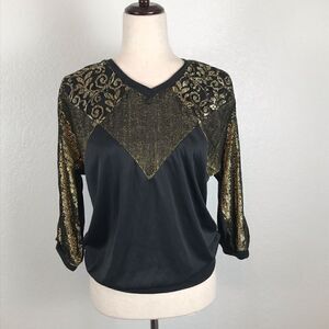 Vintage Retro boho gold metallic & black V-neck 3/4 sleeve blouse M‎